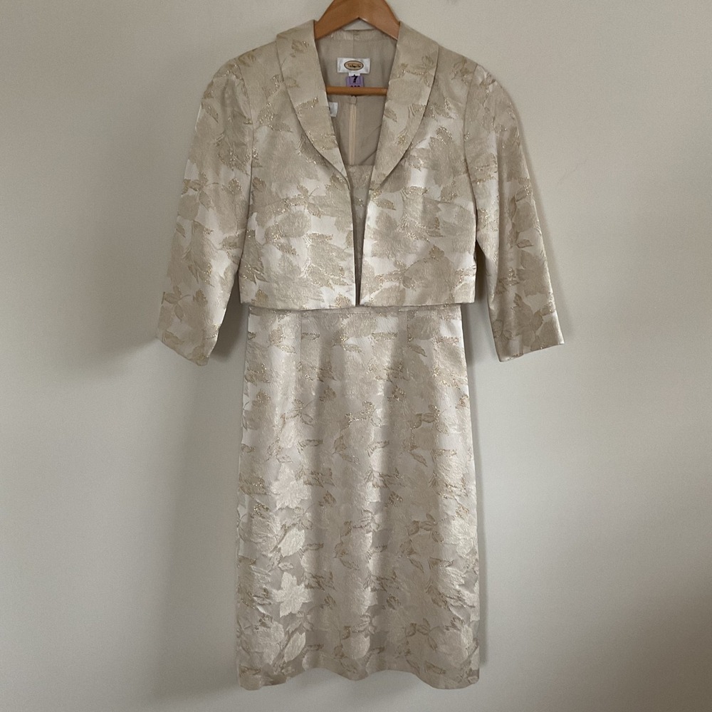 Talbots Dress Suit 4 Floral Cream Gold Metallic Jacquard Brocade Jacket & Dress
